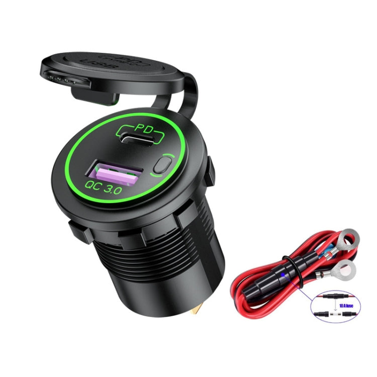 Car Motorcycle Ship Modified USB Charger Waterproof PD + QC3.0 Fast Charge, Model: Green Light With 60cm Line - DIY Modified Charger by PMC TechLife | Online Shopping South Africa | PMC TechLife