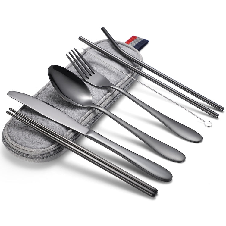 7 in 1 Cutlery Spoon Chopsticks And Straw Set Stainless Steel Portable Cutlery Set, Specification: Black+ Light Bag - free shipping - PMC TechLife - Order now!