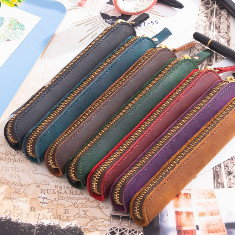 Retro Simple Leather Stylus Leather Zipper Pen Protection Case Crazy Horse Skin Mini Pen Case(Ink Green) - Pen Holder by PMC TechLife | Online Shopping South Africa | PMC TechLife