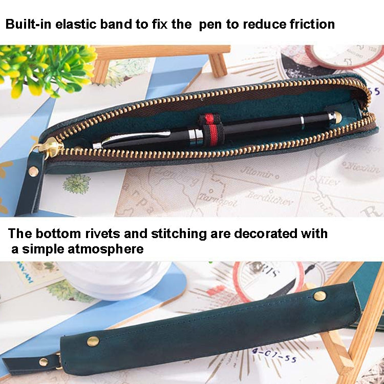 Retro Simple Leather Stylus Leather Zipper Pen Protection Case Crazy Horse Skin Mini Pen Case(Ink Green) - Pen Holder by PMC TechLife | Online Shopping South Africa | PMC TechLife