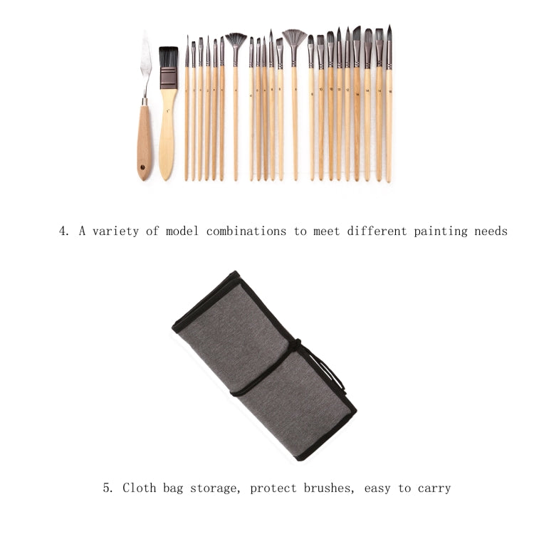 24 In 1 Nylon Wool Brush Canvas Storage Bag Set Oil Painting Gouache Watercolor Brush(Wooden Brushesx24+Storage Bag) - Art Supplies by PMC TechLife | Online Shopping South Africa | PMC TechLife