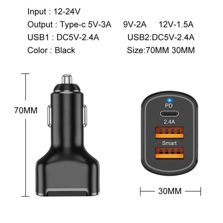 2PCS PD+2.4A Dual USB Car Charger, Style: 3 Ports (Black) - Car Charger by PMC TechLife | Online Shopping South Africa | PMC TechLife