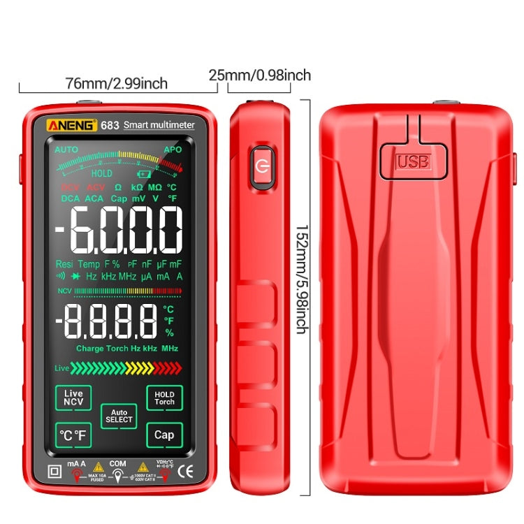 ANENG 683 Smart Touch Screen Automatic Range Rechargeable Multimeter(Red) - free shipping - PMC TechLife - Order now!