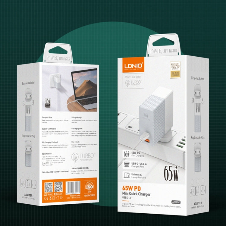 LDNIO A2620C 65W USB+Type-C/USB-C Port Dual Port Universal Phone Tablet Travel Charger(US Plug+Type-C to 8 Pin) - free shipping - PMC TechLife - Order now!