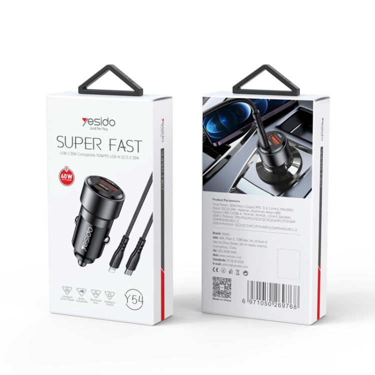 Yesido Y54 With 8 Pin To Type-C/USB-C Line Car Charger QC3.0+PD30W Type-C/USB-C+USB Dual Port Quick Charge(Black) - free shipping - PMC TechLife - Order now!