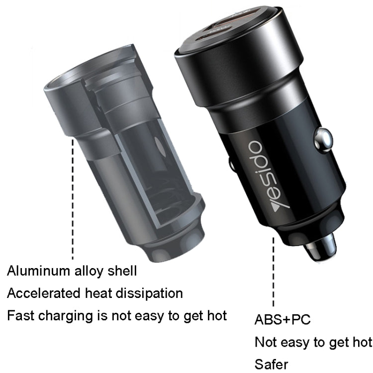 Yesido Y54 With 8 Pin To Type-C/USB-C Line Car Charger QC3.0+PD30W Type-C/USB-C+USB Dual Port Quick Charge(Black) - free shipping - PMC TechLife - Order now!