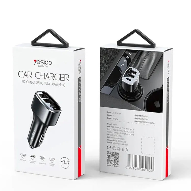 Yesido Y47 49W Double USB+Type-C/USB-C Port Car Fast Charger(Black) - free shipping - PMC TechLife - Order now!