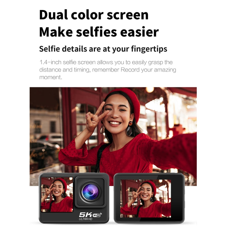 5K/30FPS WIFI HD Anti-Shake Remote Touch Dual-Screen IP68 Waterproof Sports Camera, Style: Black - Other Camera by PMC TechLife | Online Shopping South Africa | PMC TechLife