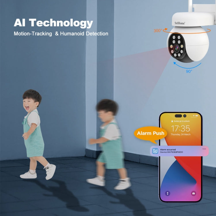 SriHome SH052 Wifi 5MP Wireless PTZ IP AI Auto Tracking Sound&Light Alarm Starlight Color Night Vision Outdoors Surveillance Camera, Plug: UK - free shipping - PMC TechLife - Order now!
