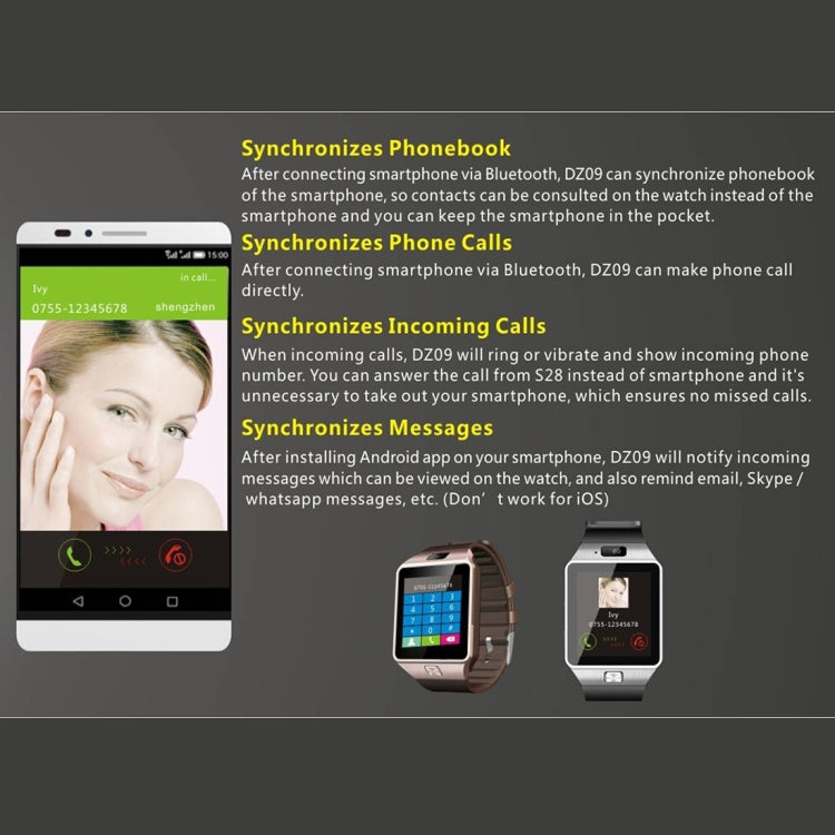 DZ09 1.56 inch Screen Bluetooth 3.0 Android 4.1 OS Above Smart Watch Phone with Bluetooth Call & Call Reminder & Sleep Monitor & Pedometer & Sedentary Reminder & Calendar & SMS & Audio and Video Player & Anti-loss Function(White) - Smart Watches by PMC TechLife | Online Shopping South Africa | PMC TechLife | Buy Now Pay Later Mobicred