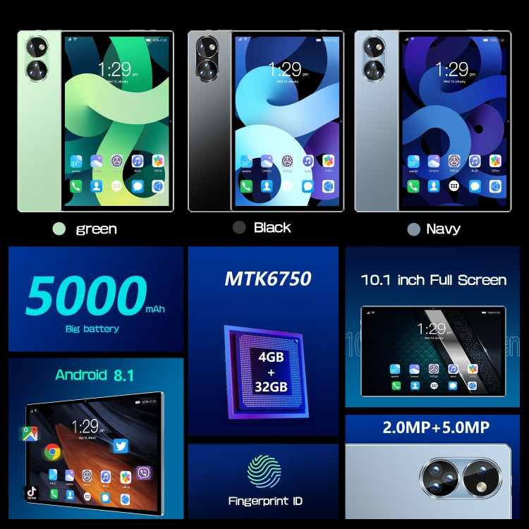 P10 4G LTE Tablet PC, 10.1 inch, 4GB+32GB, Android 8.1 MTK6750 Octa Core, Support Dual SIM, WiFi, Bluetooth, GPS (Green) - 10.1 inch by PMC TechLife | Online Shopping South Africa | PMC TechLife