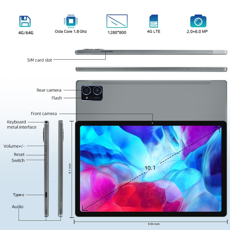 G16 4G Phone Call Tablet PC, 10.1 inch, 4GB+64GB, Android 8.0 MTK6750 Octa Core 1.8GHz, Dual SIM, Support GPS, OTG, WiFi, BT (Grey) - 10.1 inch by PMC TechLife | Online Shopping South Africa | PMC TechLife